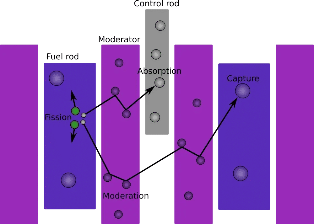 Diagram showing neutron movement through fuel rods, moderator, and control rods in a nuclear reactor during fission and absorption.