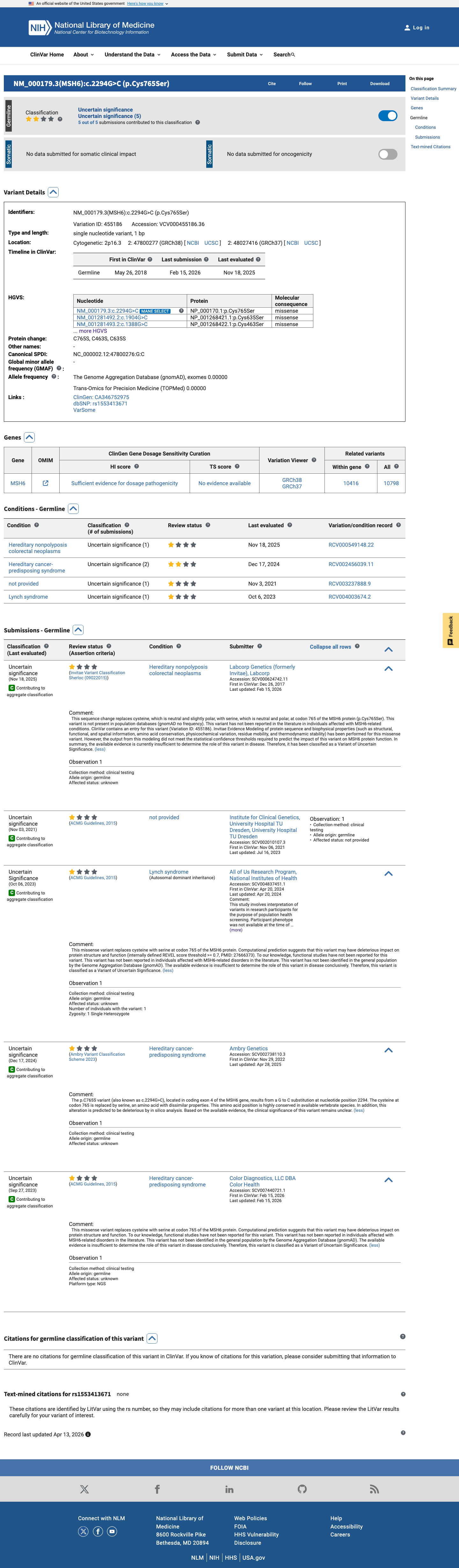 ClinVar screenshot