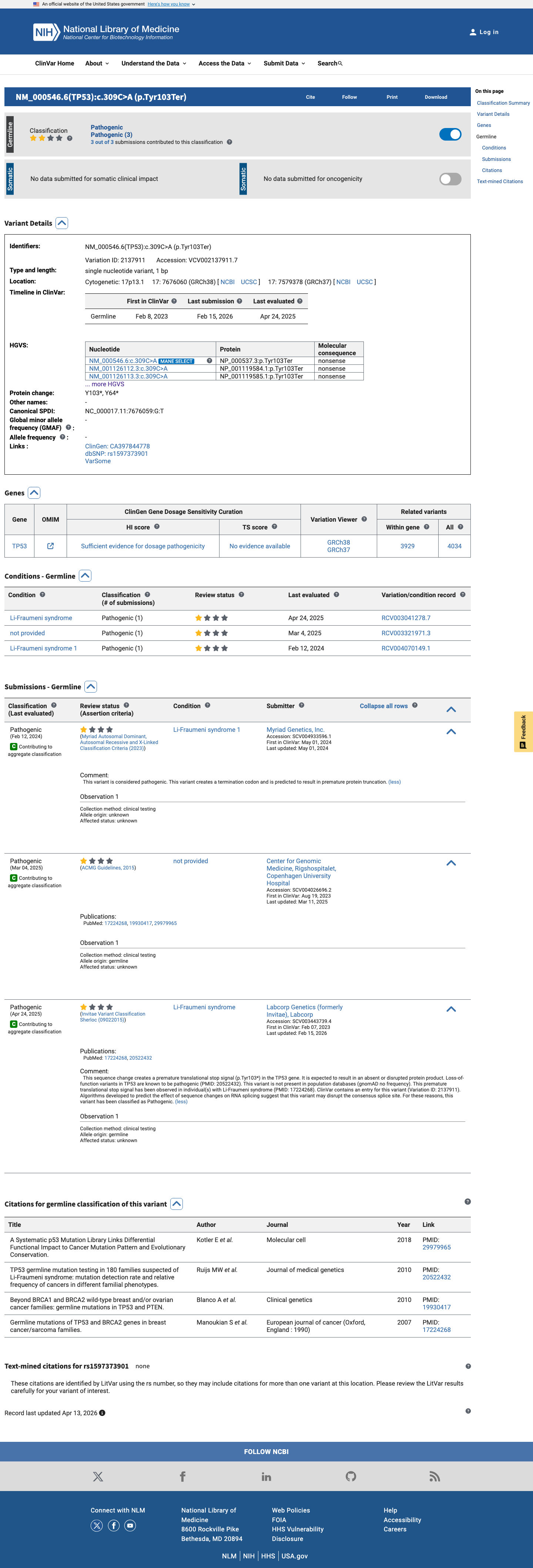 ClinVar screenshot