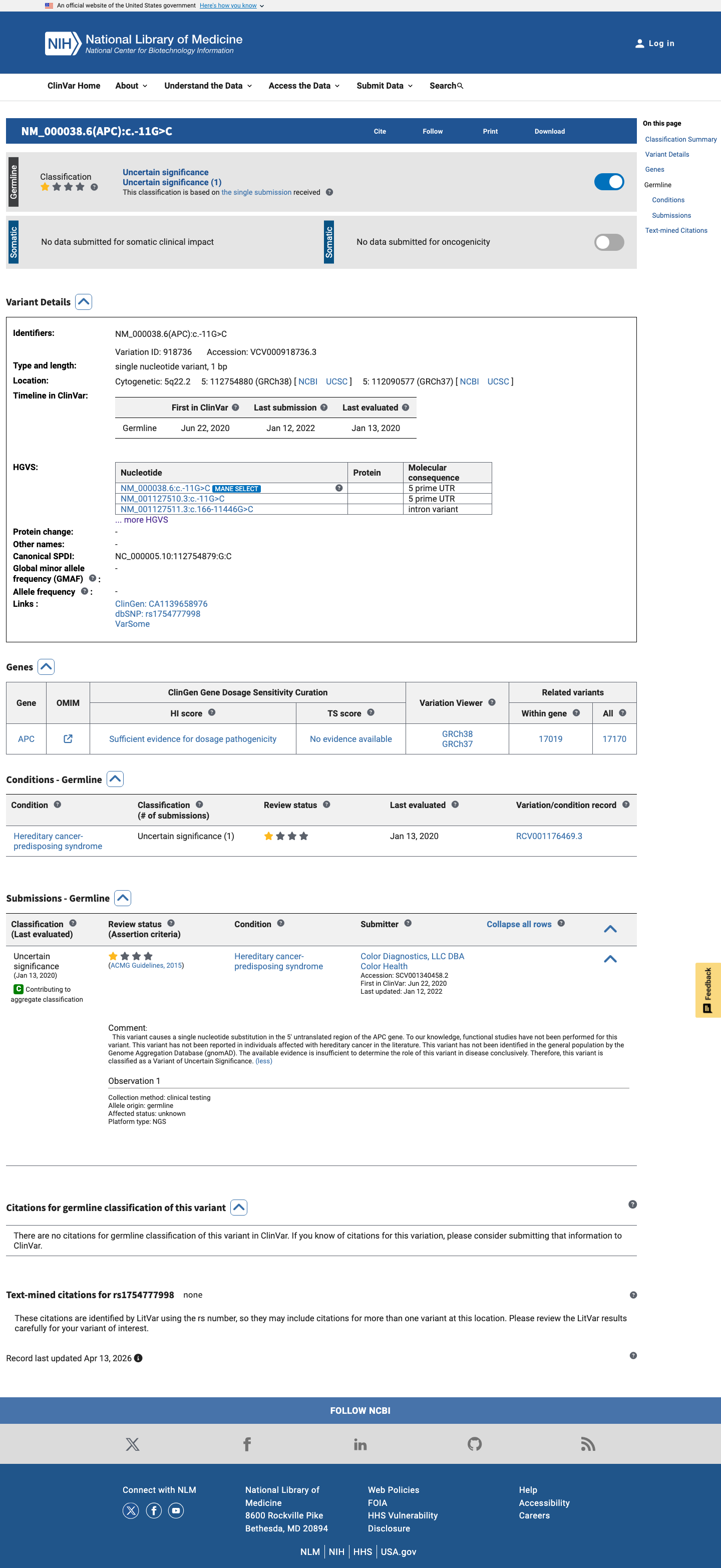 ClinVar screenshot