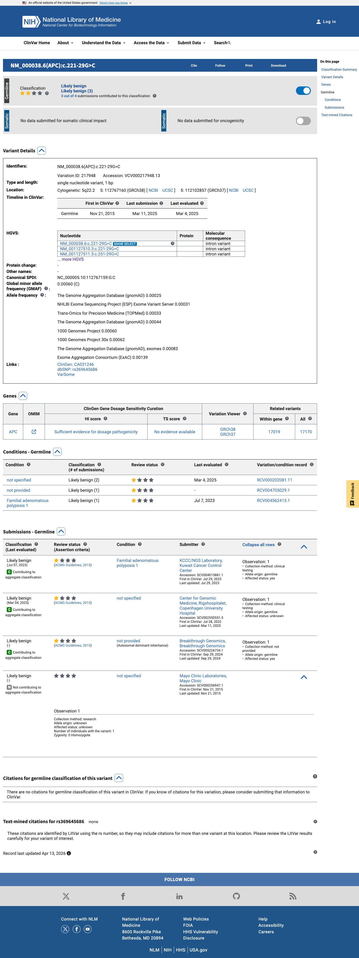 ClinVar screenshot