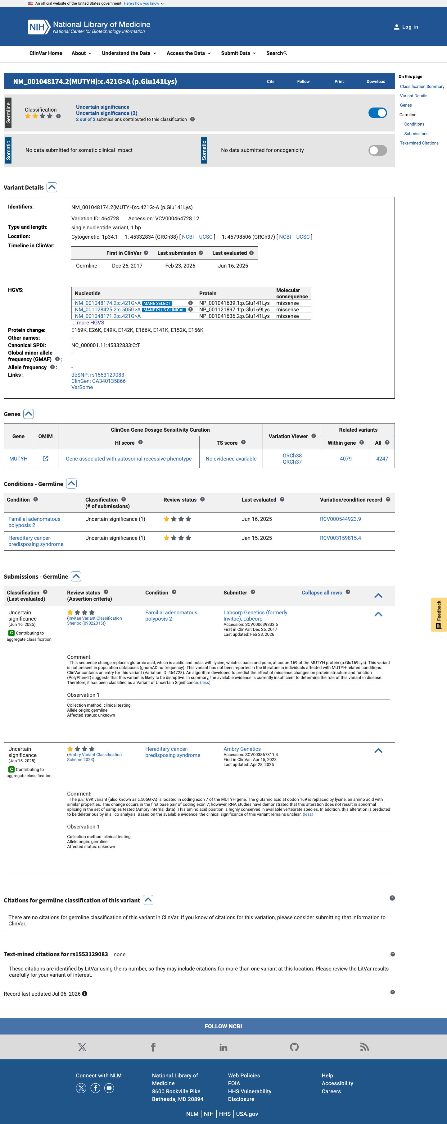 ClinVar screenshot