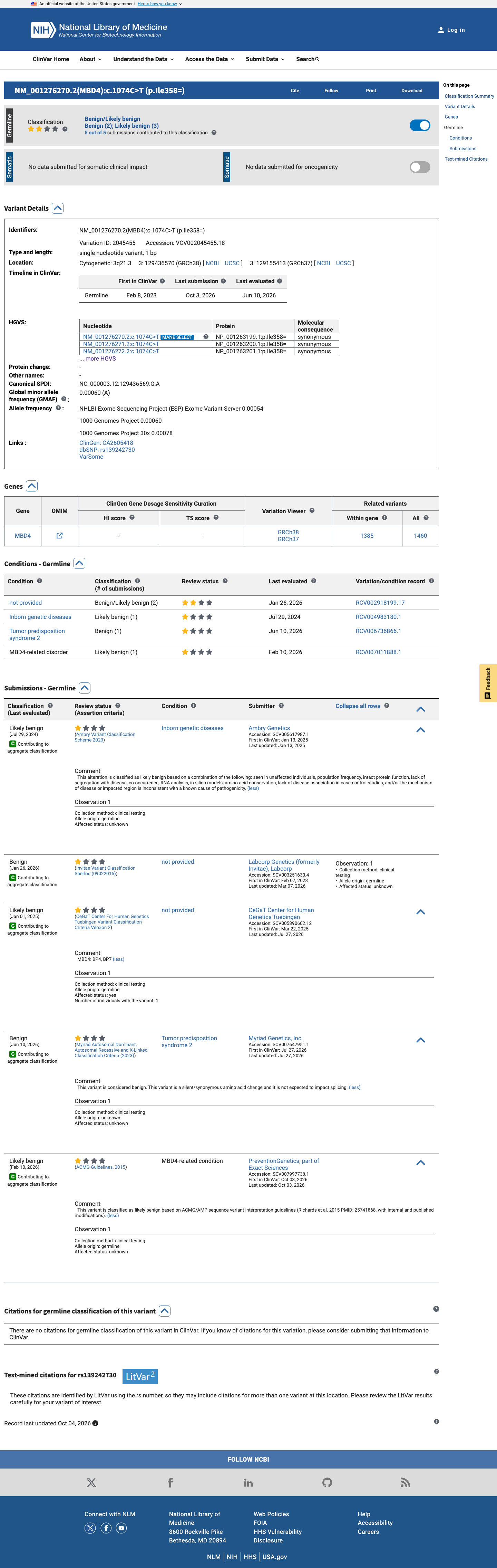 ClinVar screenshot