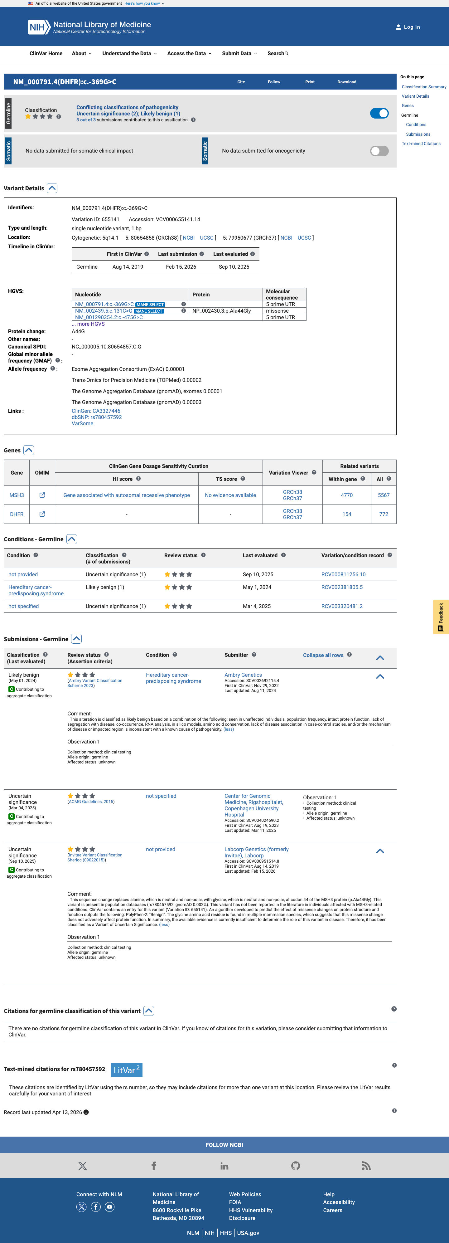 ClinVar screenshot