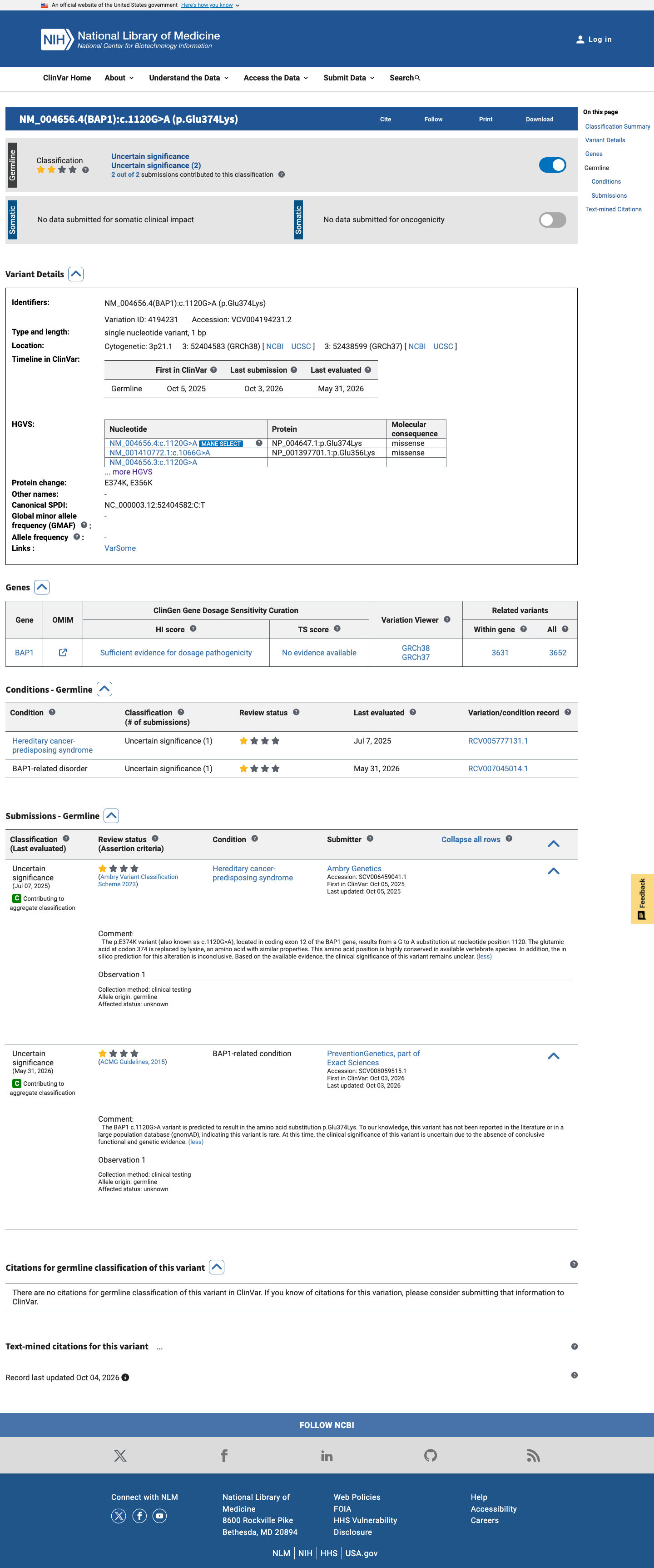 ClinVar screenshot