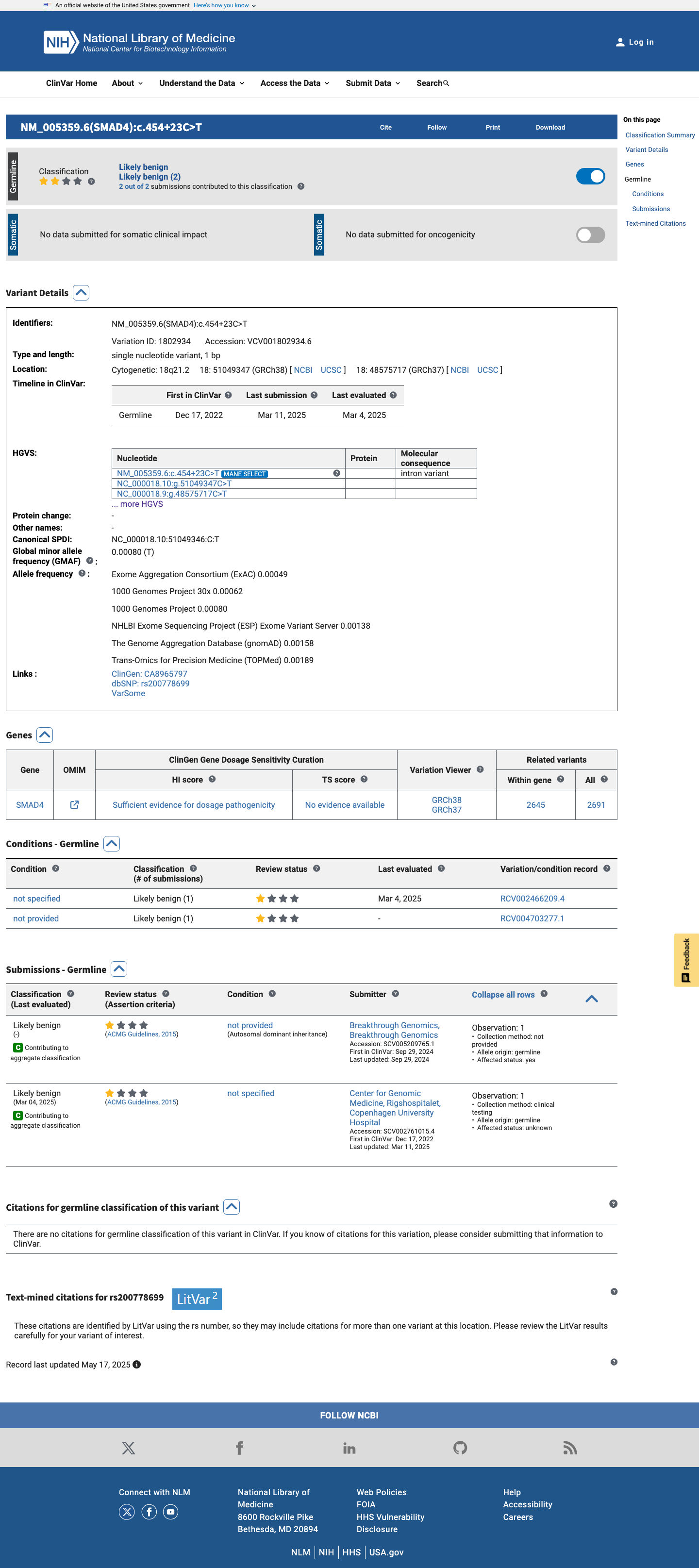 ClinVar screenshot
