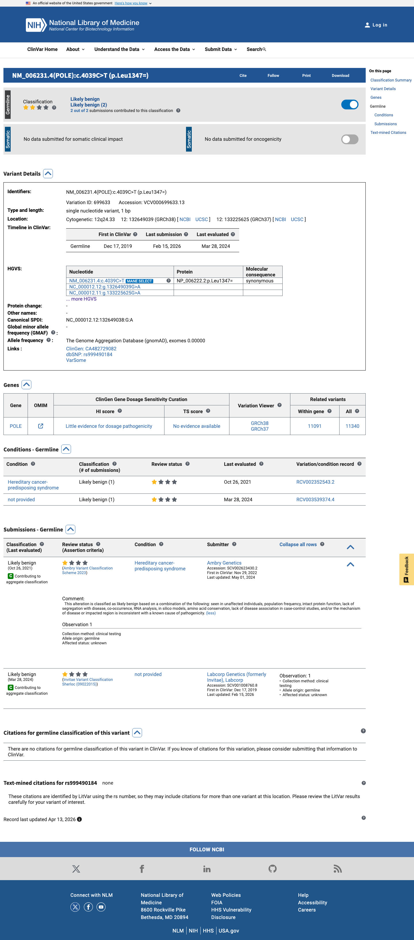 ClinVar screenshot
