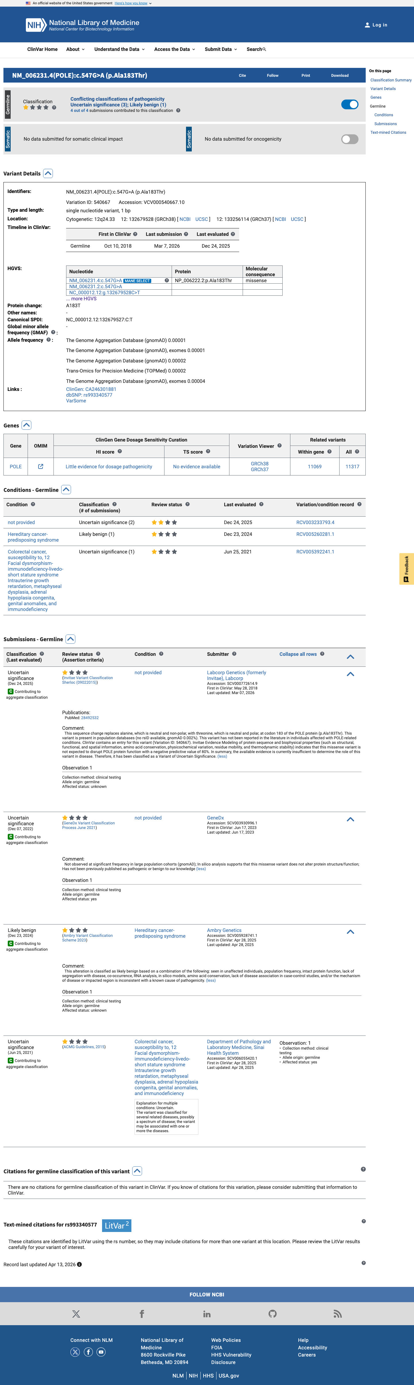 ClinVar screenshot