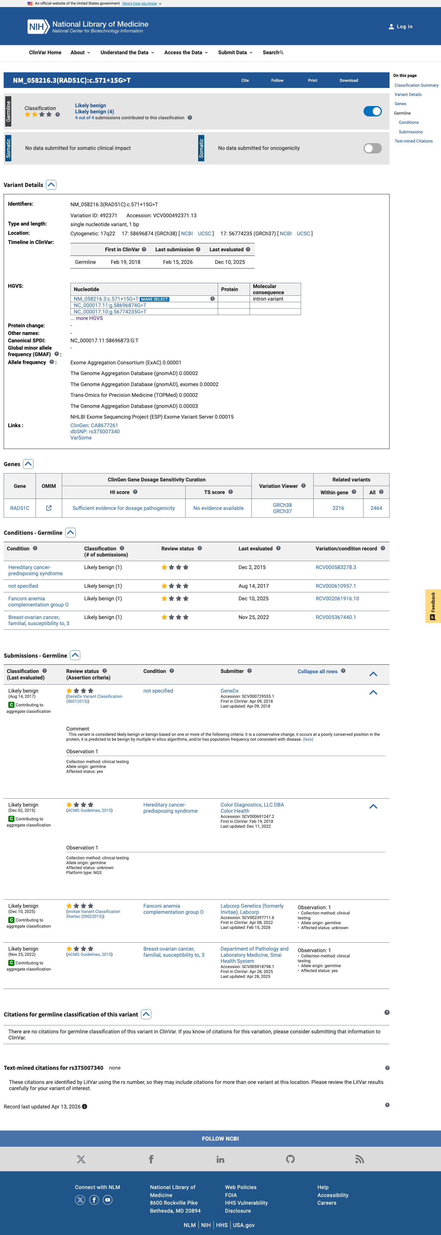 ClinVar screenshot