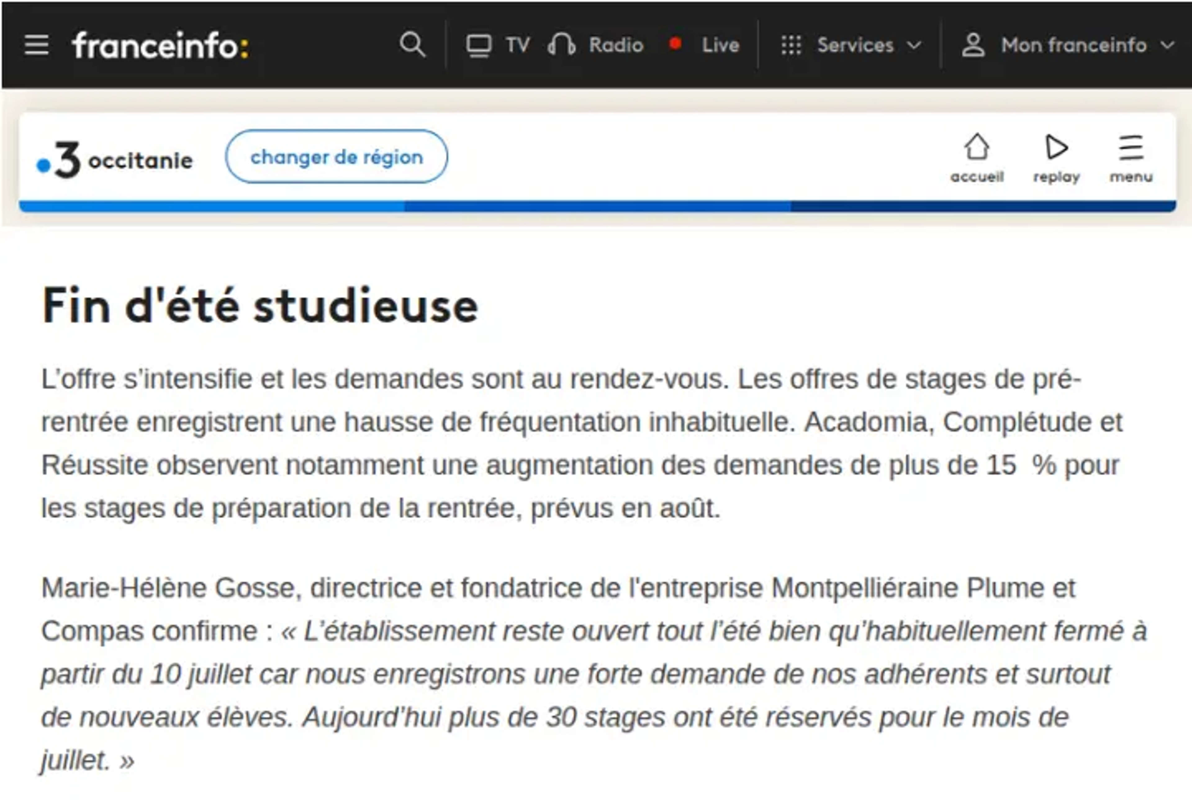 Reportage France 3 Occitanie sur Plume & Compas, centre de soutien scolaire à Montpellier