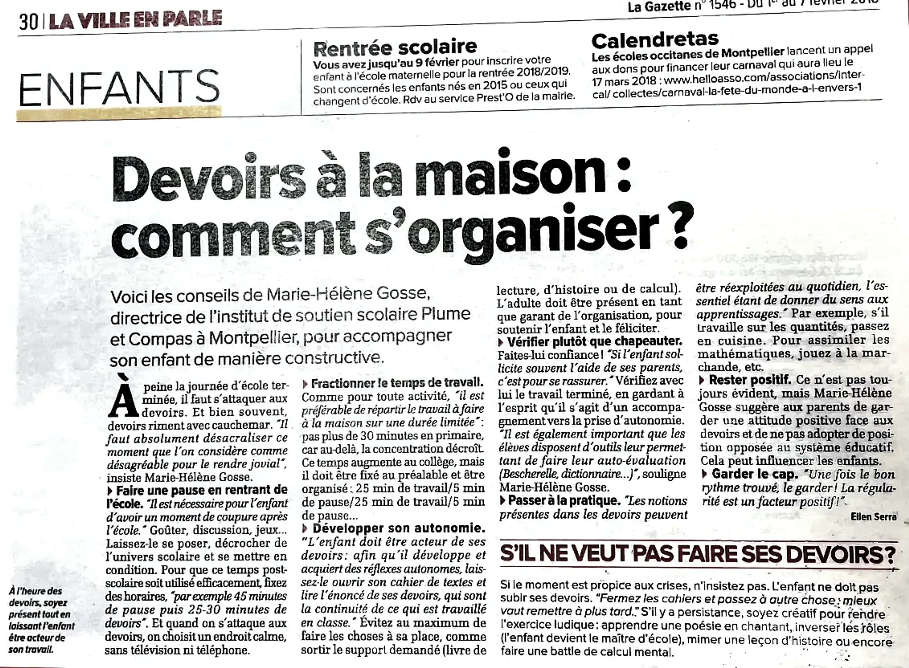 La Gazette de Montpellier met en avant Plume & Compas et son approche du soutien scolaire