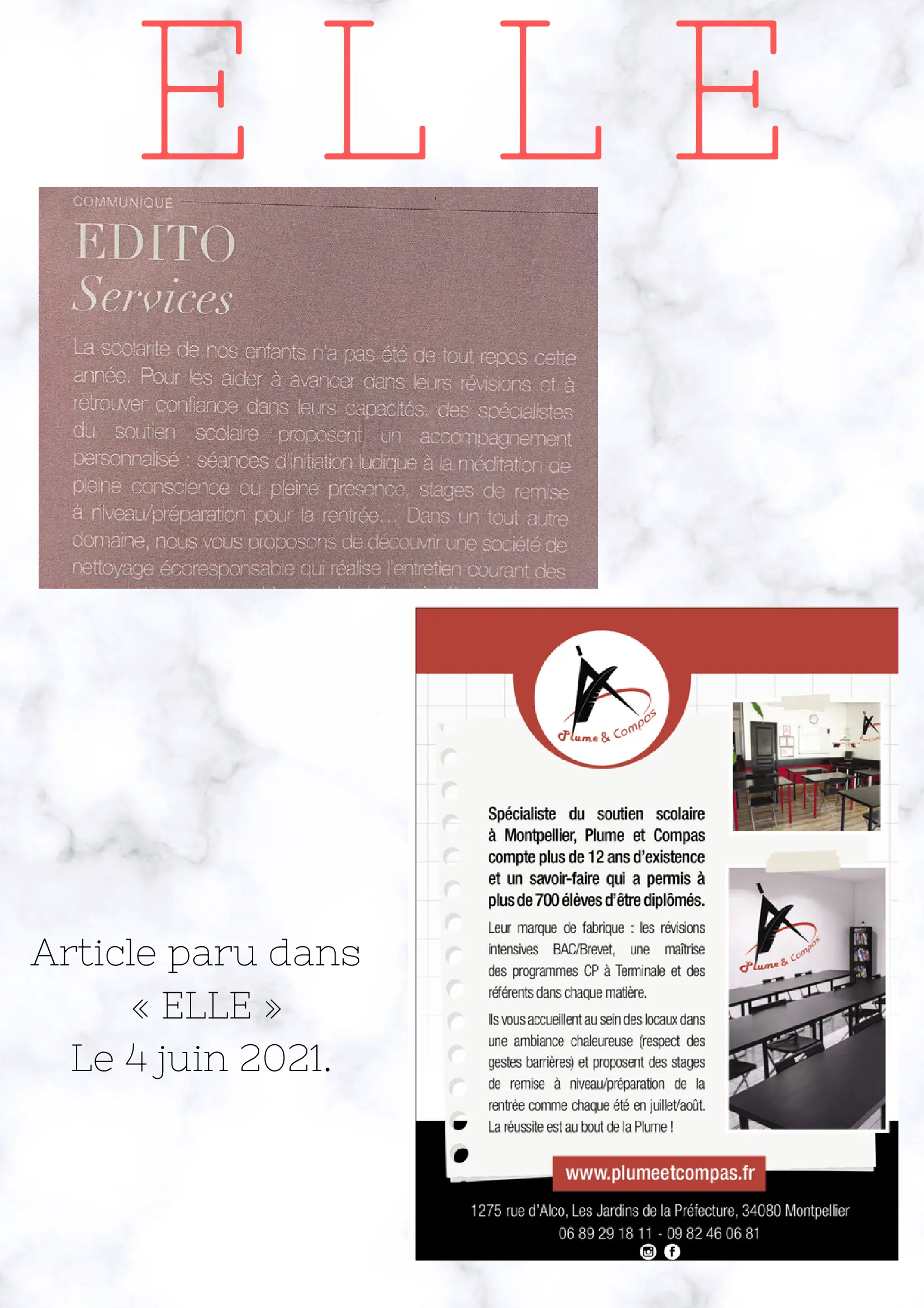 Article du magazine Elle sur Plume & Compas, soutien scolaire haut de gamme à Montpellier