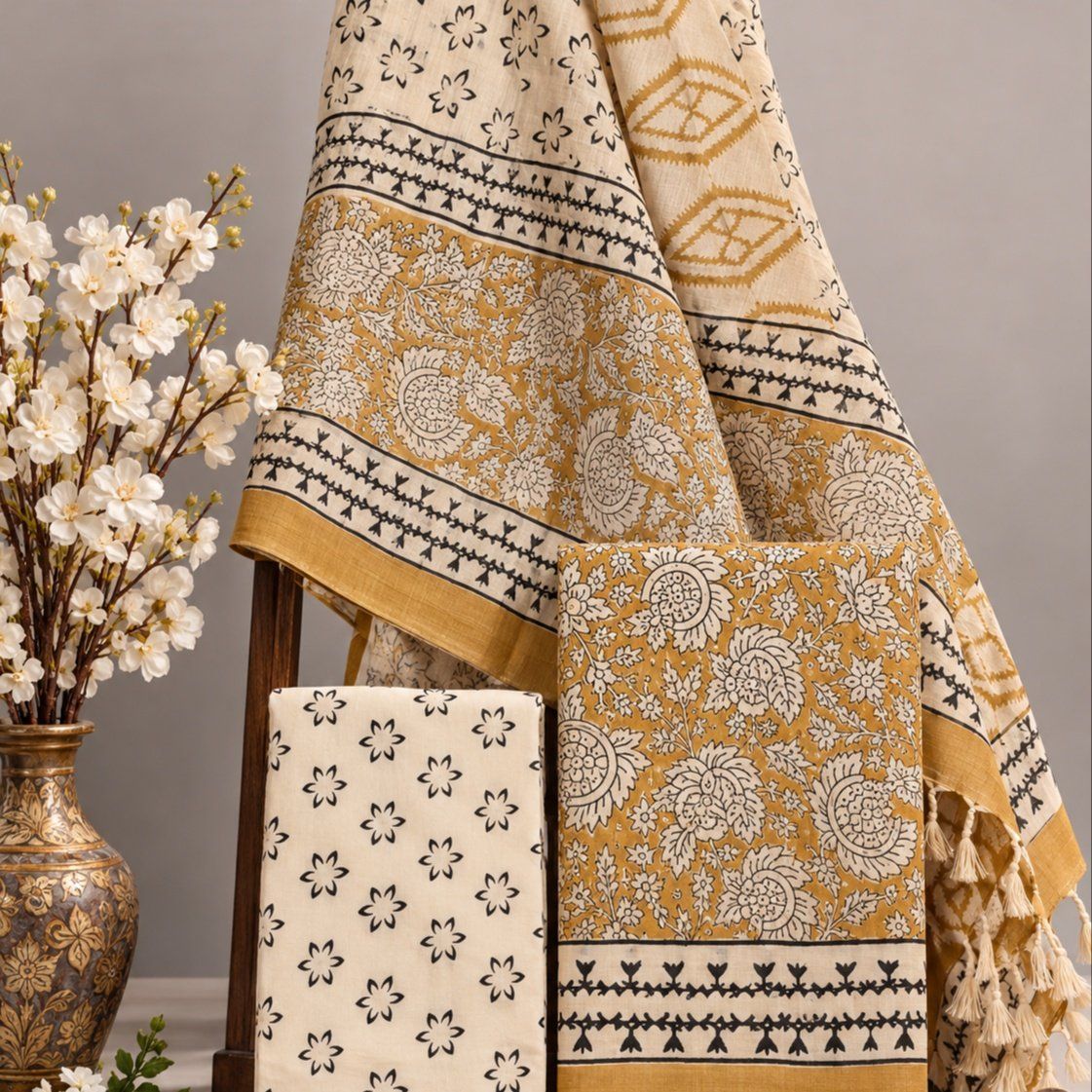 Bagru Hand Block Printed Cotton Suit with Linen Dupatta - Photo 1