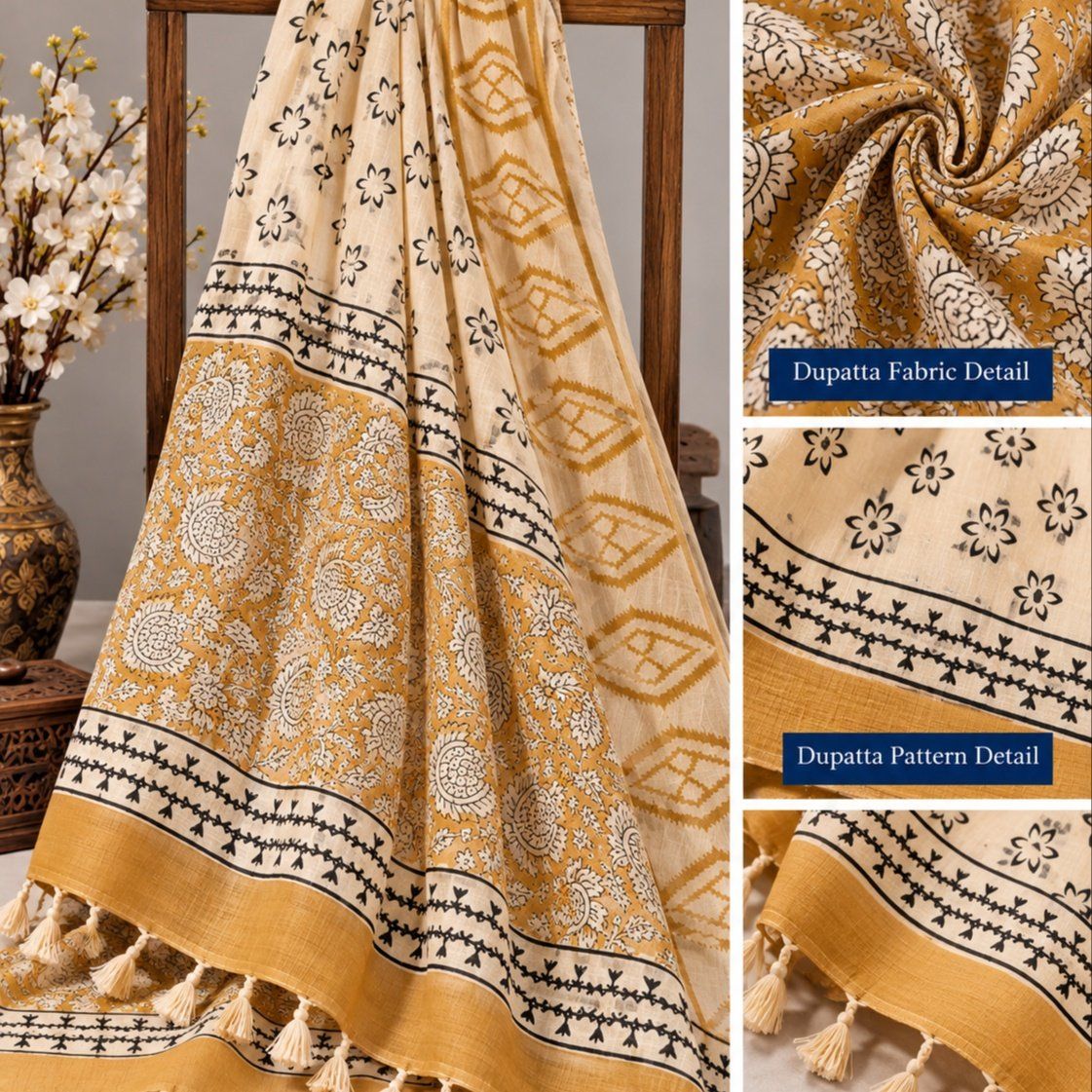 Bagru Hand Block Printed Cotton Suit with Linen Dupatta - Photo 2