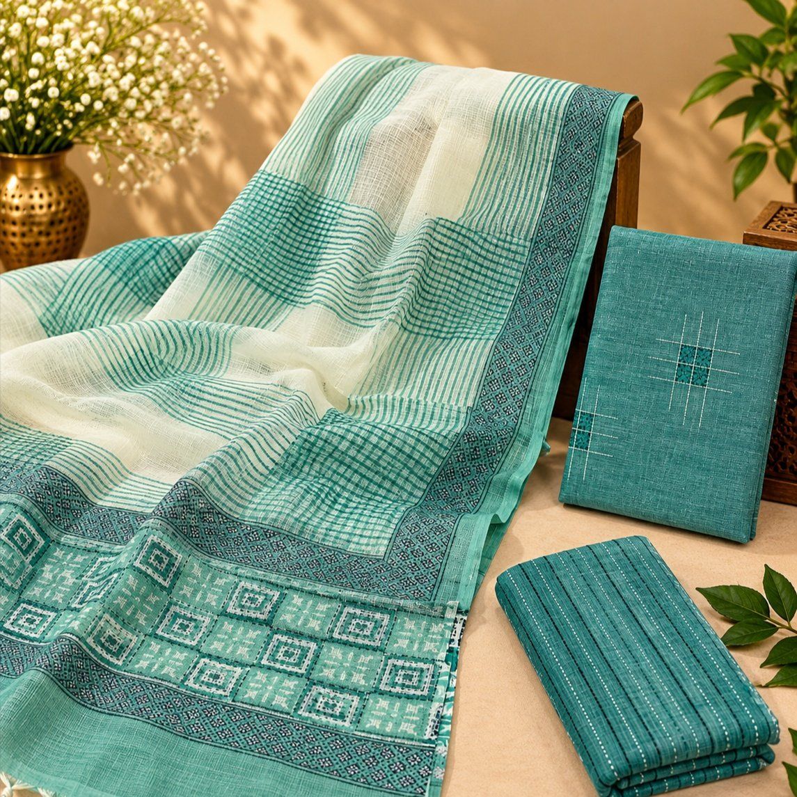 Handloom Ikkat Suit Set with Kota Doria Dupatta - Photo 1