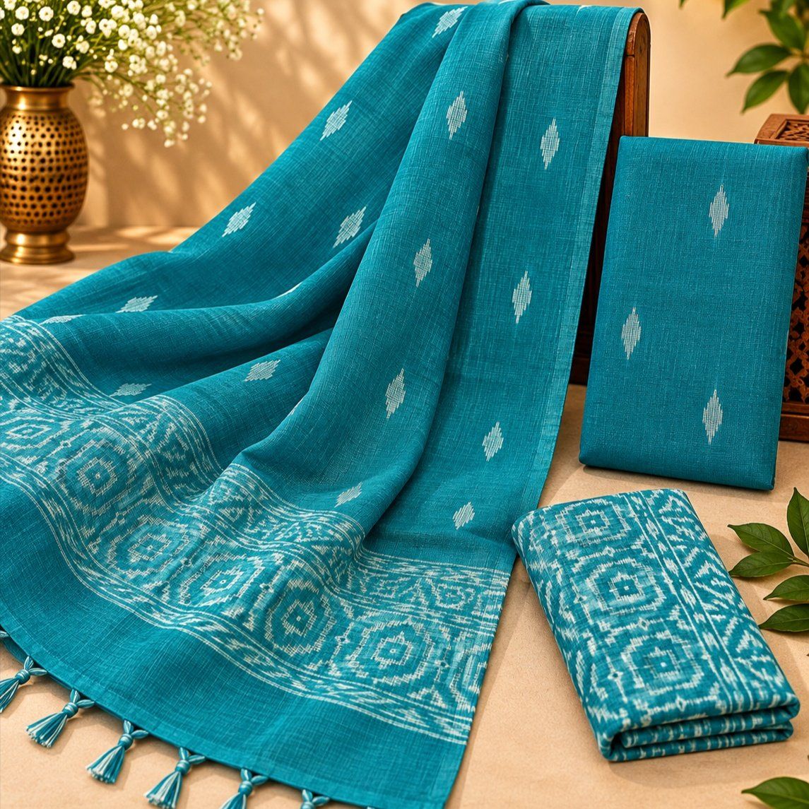 Handloom Ikkat Suit Set with Kota Doria Dupatta - Photo 1
