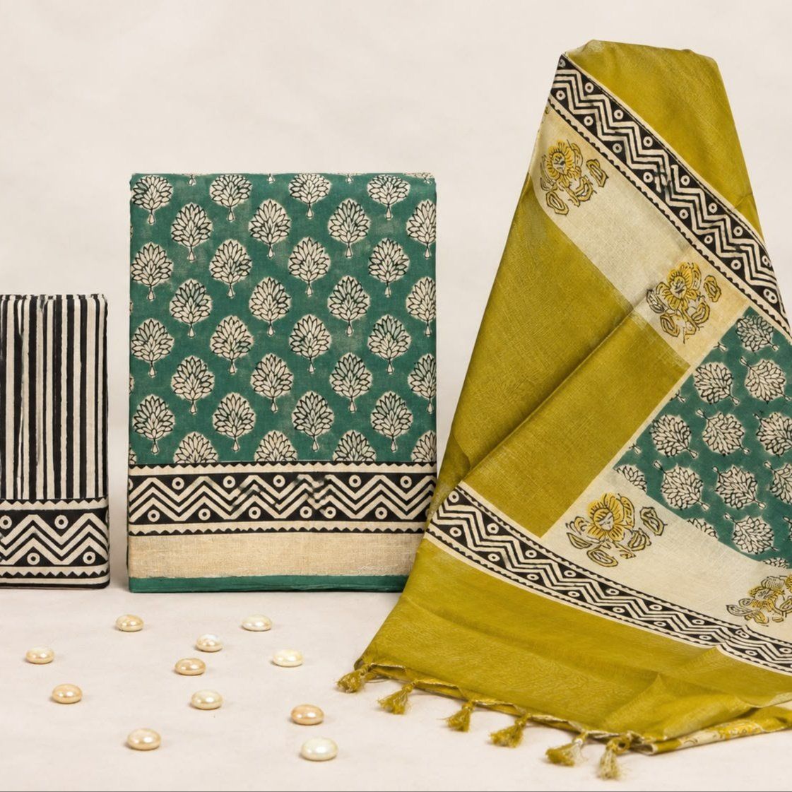 Handloom Ikkat Suit Set with Kota Doria Dupatta - Photo 1