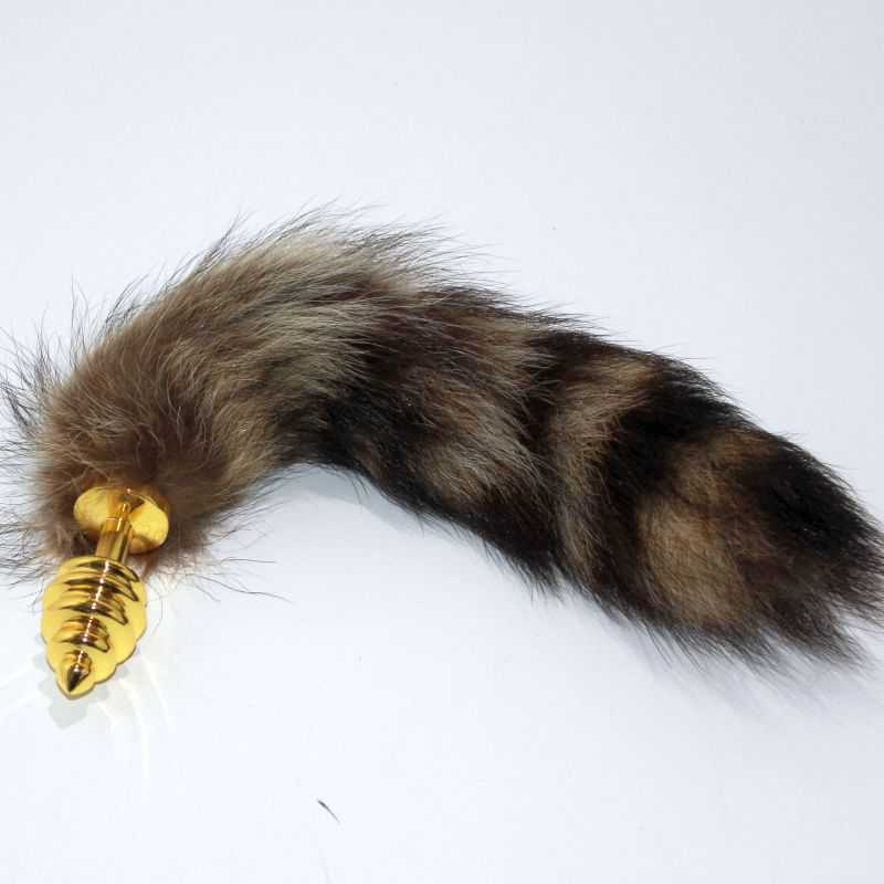 Brown Fox Tail Ribbed Gold Butt Plug Anal Sex Toys For Fetish Play 