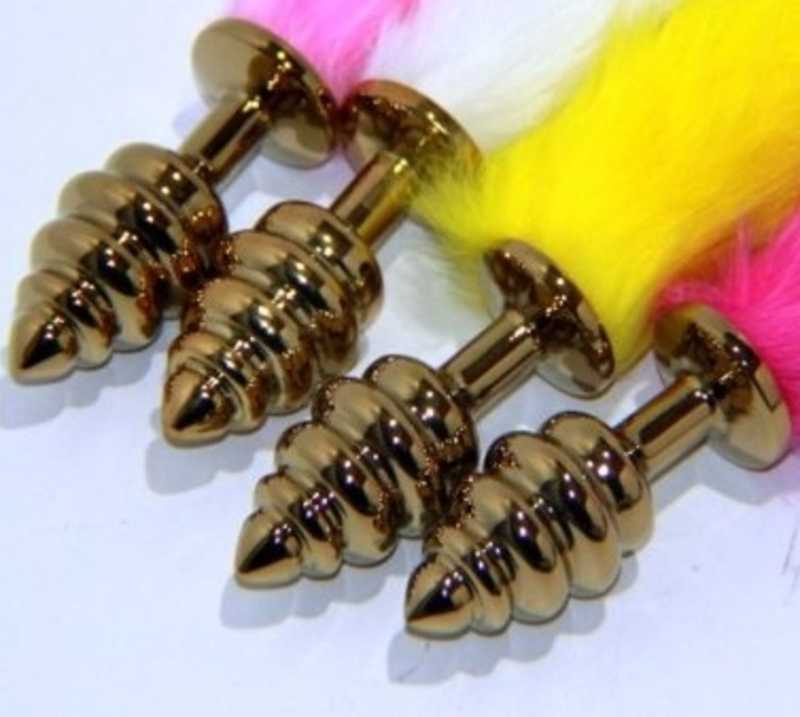 Rabbit Tail Ribbed Butt Plug Gold Large Bdstyle Anal Sex Toys