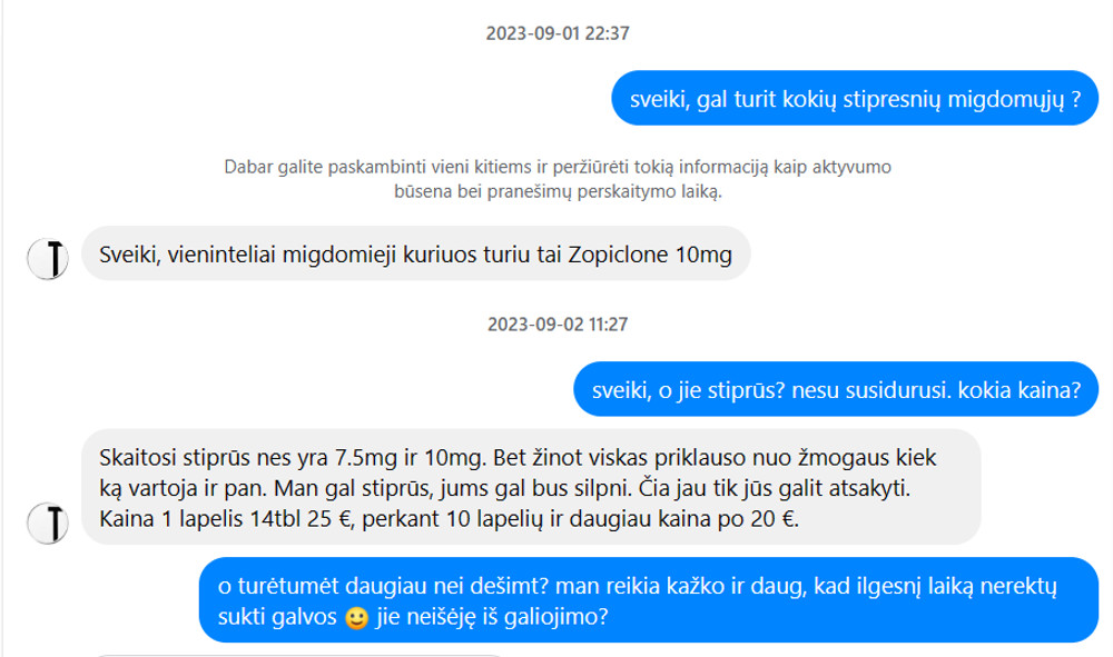 Susirašinėjimo su nelegaliai parduodamų vaistų prekeiviu nuotrauka. /