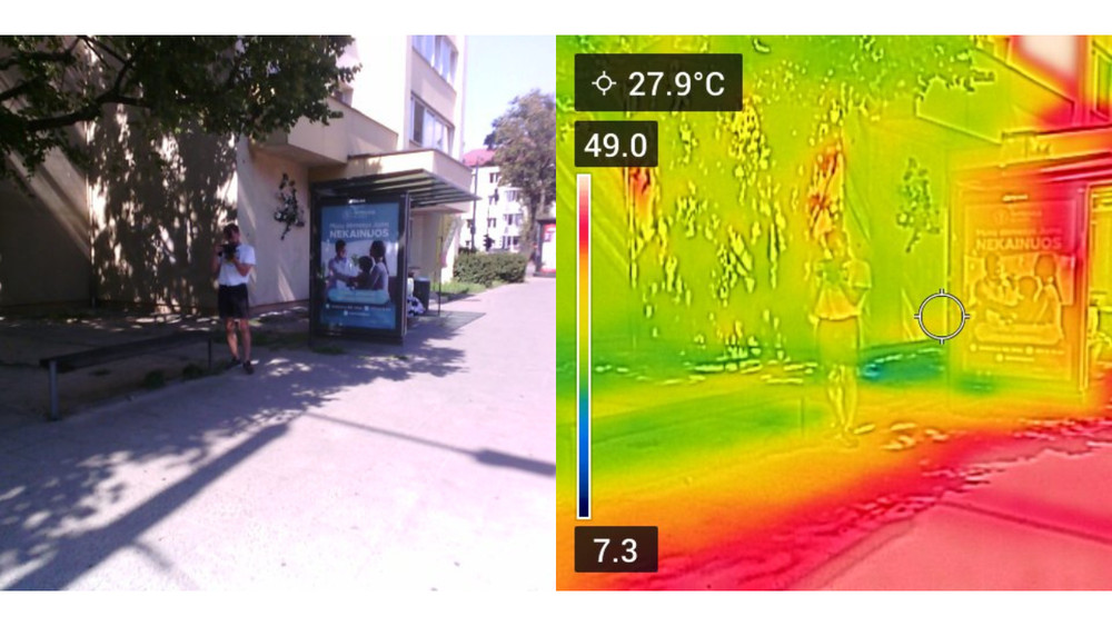 Temperatūra pavėsyje prie stotelės. Nuotrauka daryta termovizoriumi FLIR SYSTEMS C3-X.