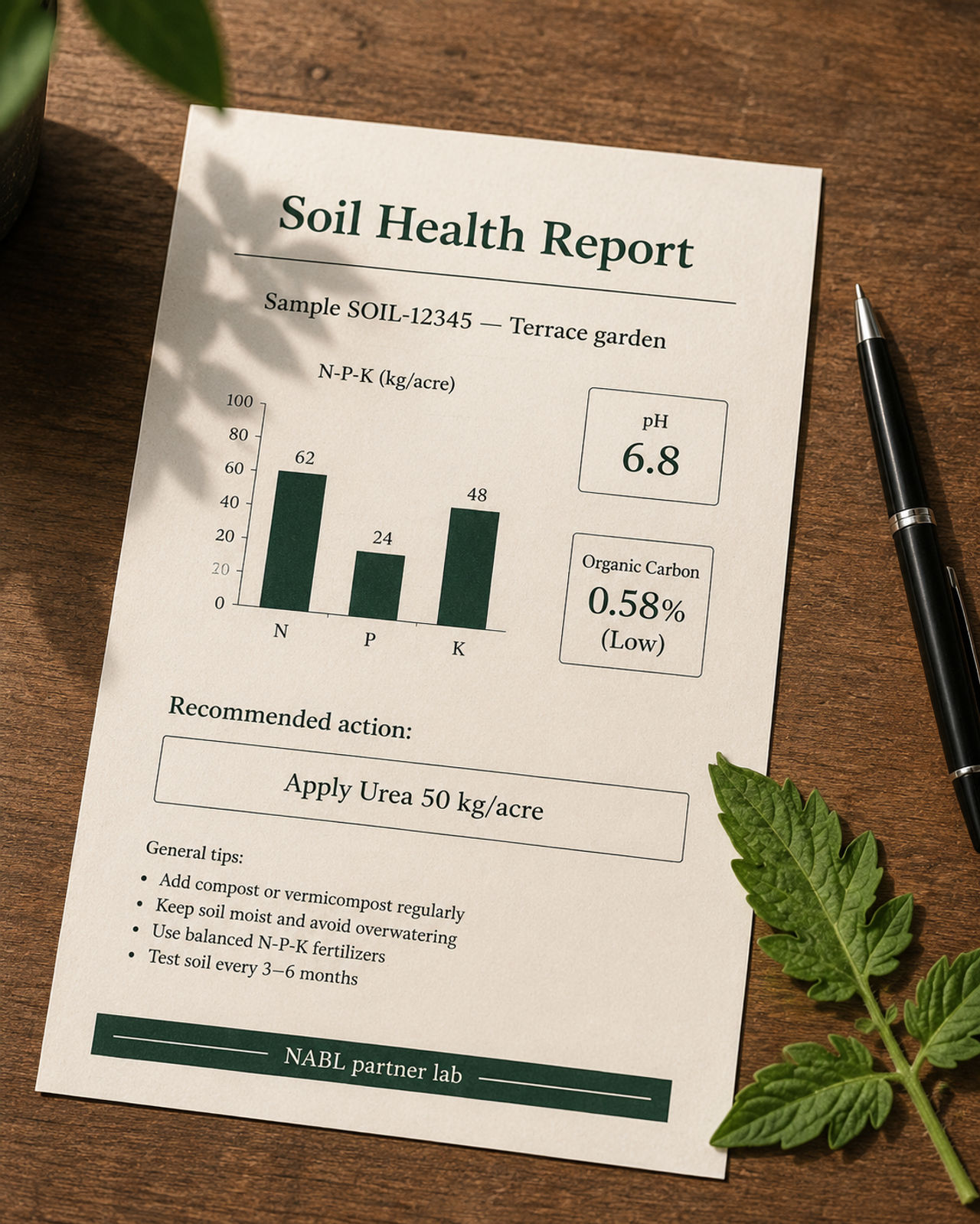 A printed soil-health report on cream paper showing pH, organic carbon, N-P-K bar chart, and a recommended-action box. NABL partner lab footer visible.