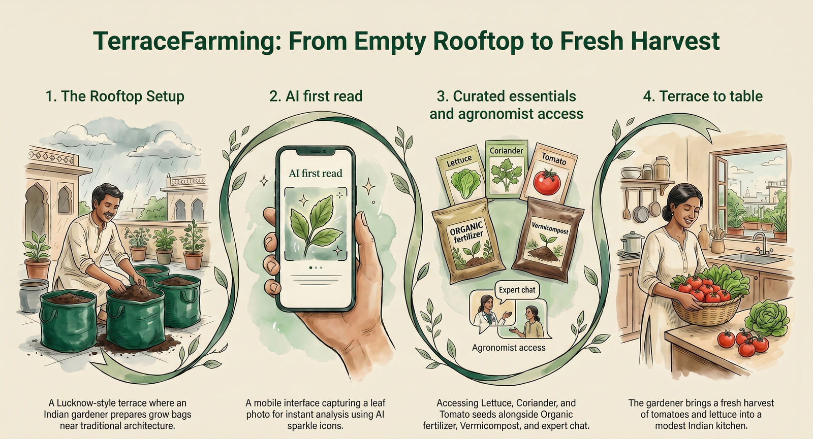 TerraceFarming — the full loop from rooftop setup through AI first read, curated essentials, agronomist access, and the chemical-free harvest going back to the kitchen.