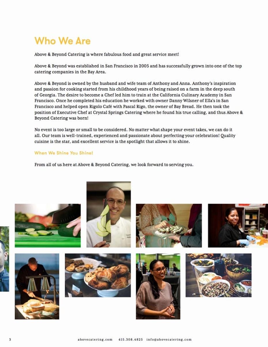 Above & Beyond Catering menu about page design