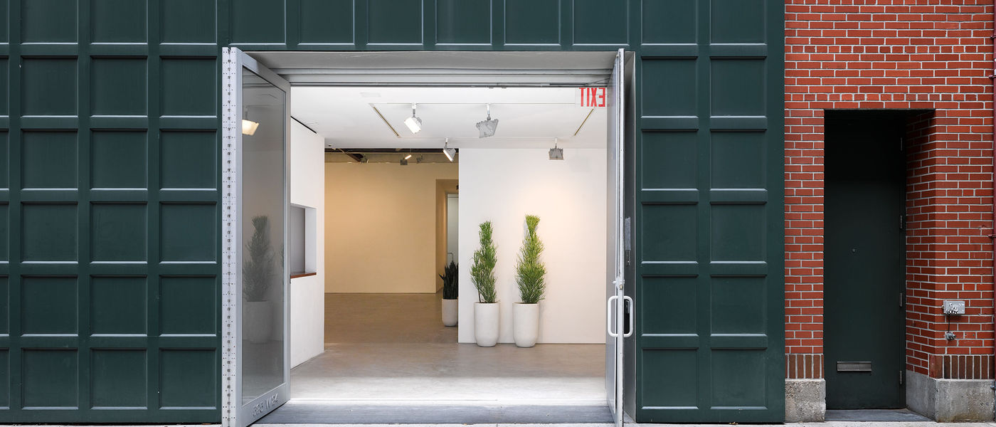 Wide open metal doors reveal a minimalist gallery entrance with three potted plants inside.