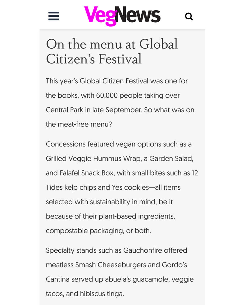 Screenshot of a VegNews article describing the vegan food menu at the Global Citizen Festival.