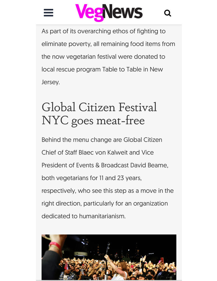 Mobile news article about NYC’s Global Citizen Festival removing meat for a humanitarian cause, with a partial photo below.