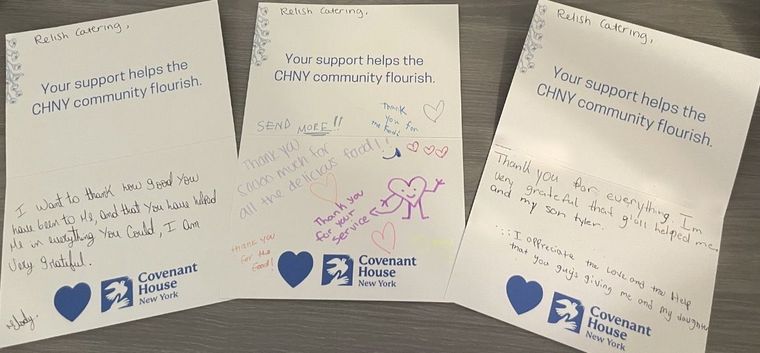 Three thank-you cards with handwritten notes and drawings, supporting Relish Catering and Covenant House New York.