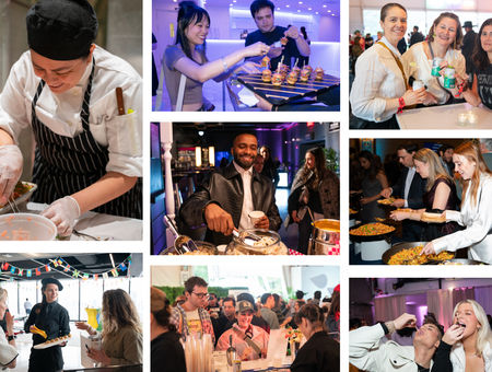A collage of people enjoying food and drinks at a lively indoor event with chefs and guests mingling.