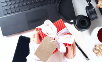 computer with christmas gift