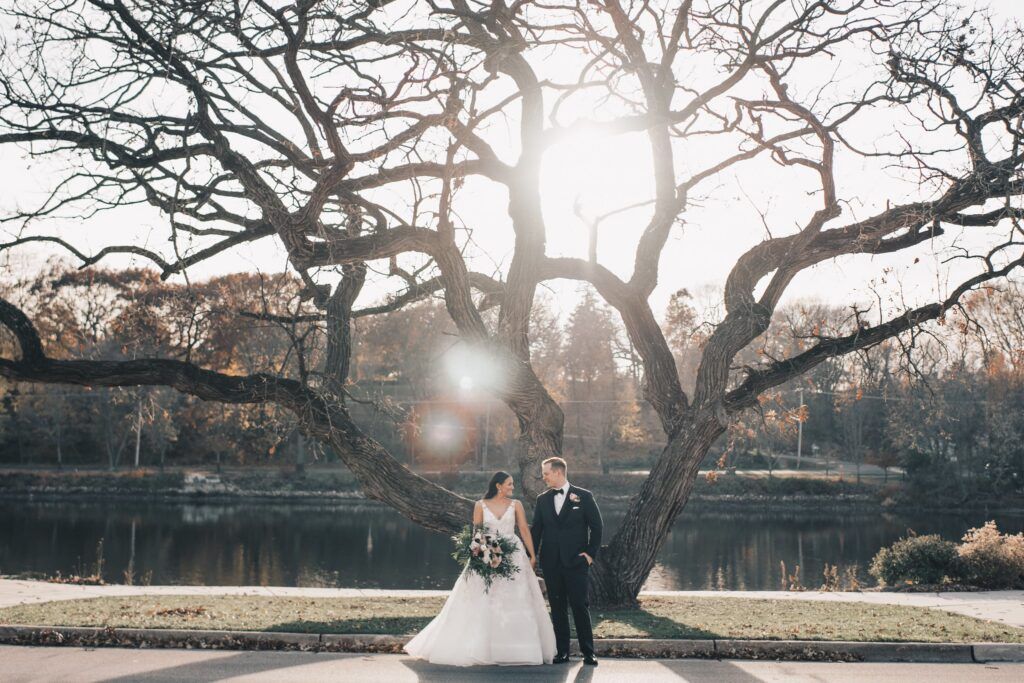 wedding couple standing outside
