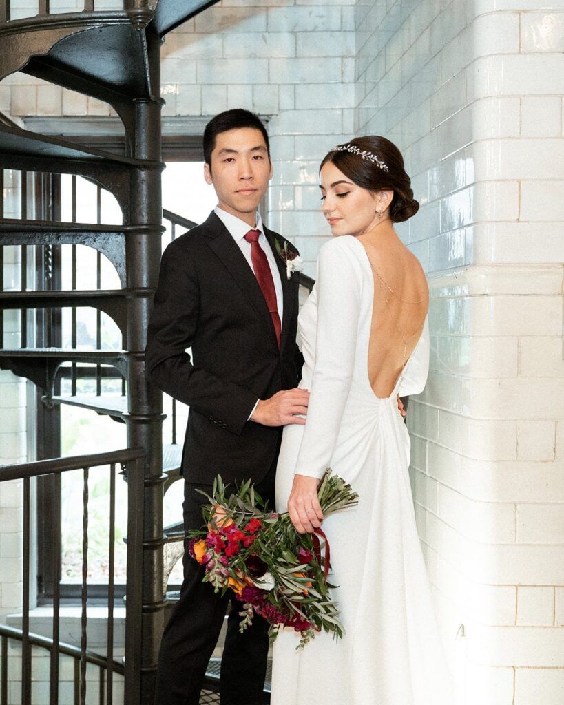 bride hold flower bouquet groom