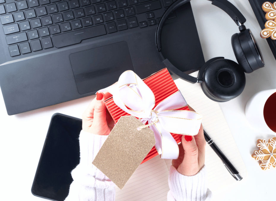 computer with christmas gift
