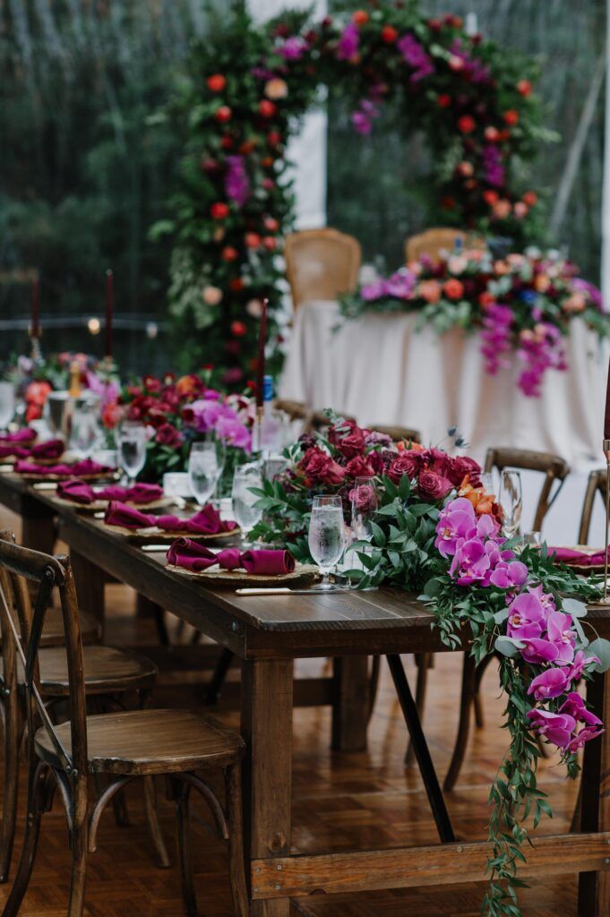 Table with cascading long and low centerpiece.