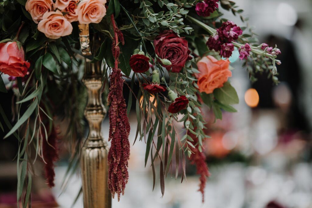 Close up of tall centerpieces.