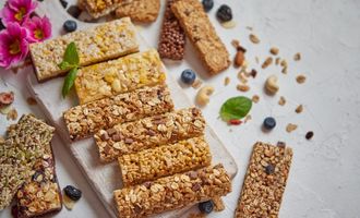 Granola bars on a white serving platter