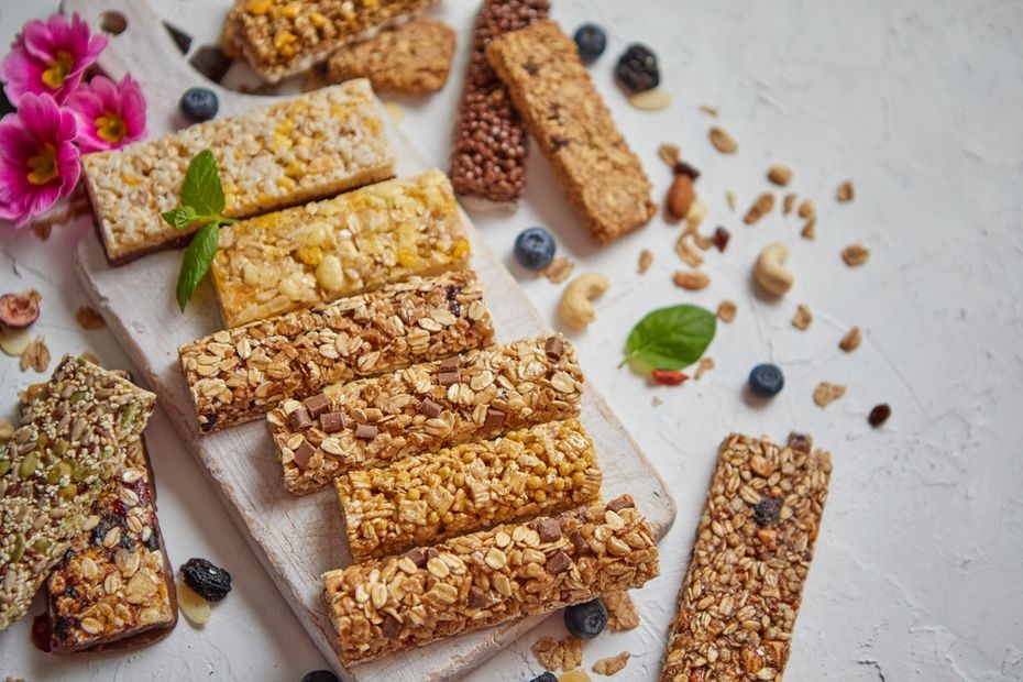 Granola bars on a white serving platter