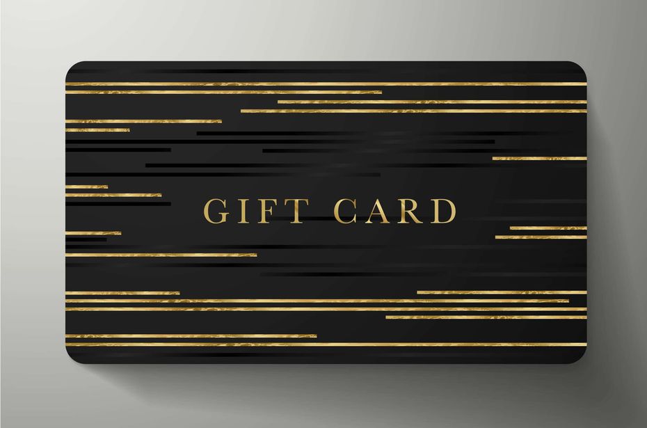 Black rectangular gift card with gift card written in gold