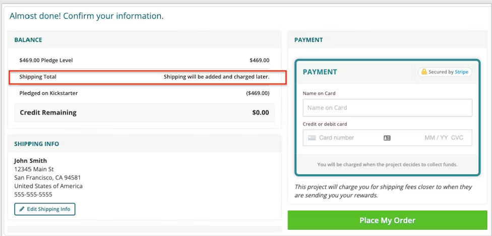 Survey confirmation page showing shipping will be added and charged later