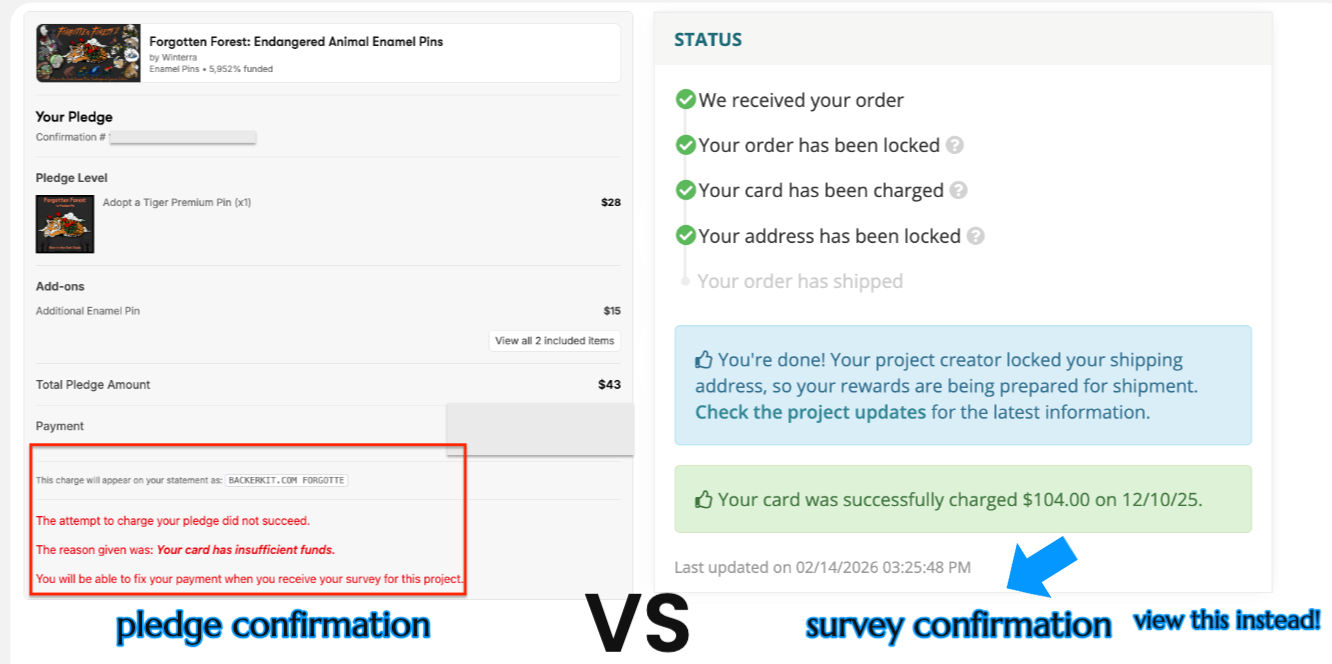 Side-by-side comparison of pledge confirmation page vs survey confirmation page