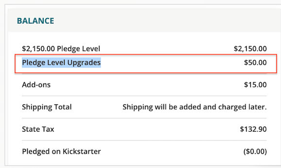 Confirmation page balance showing Pledge Level Upgrades line item highlighted