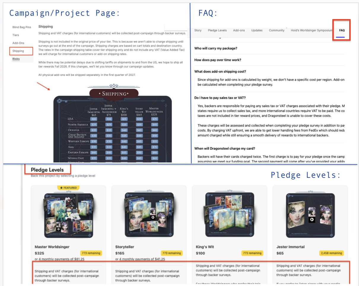 Campaign page showing shipping will be added and charged later