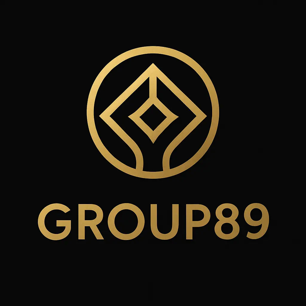 Logo resmi GROUP89 berlatar gelap dengan aksen emas