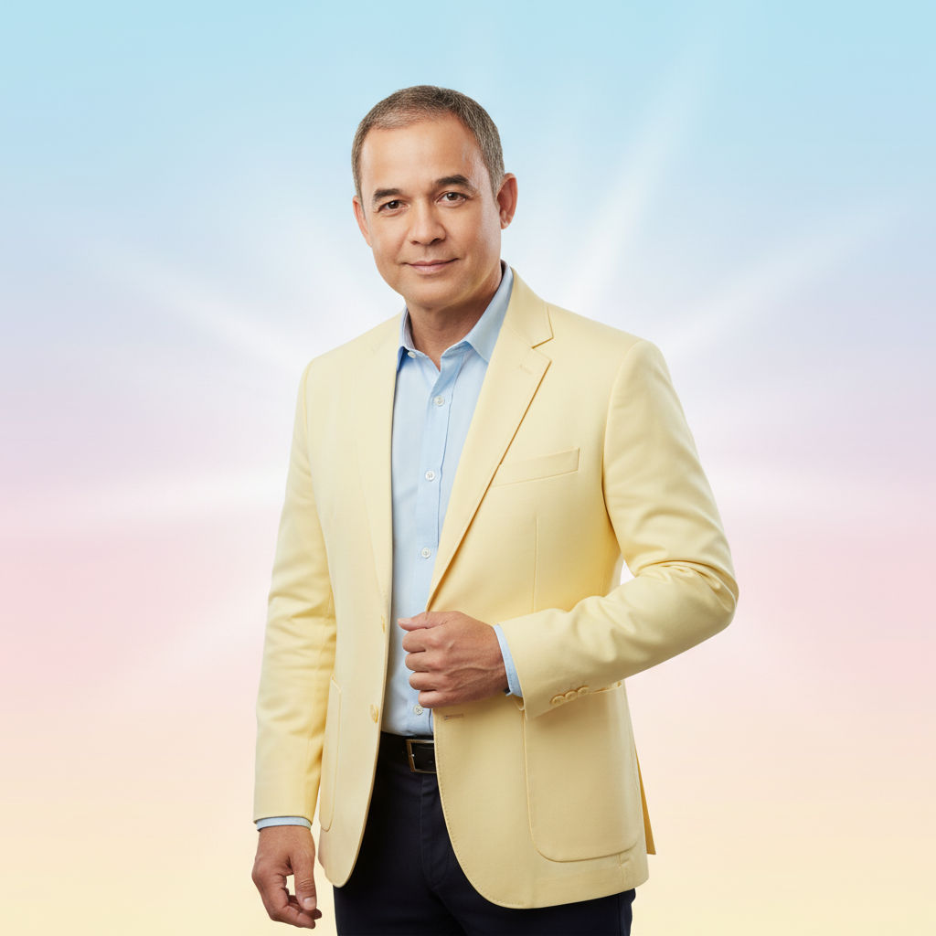 Man in a light yellow blazer and blue shirt, showing off his fresh ตัดผม, stands against a pastel gradient background with a radiant light effect—styled by Kasinee Hair Salon.
