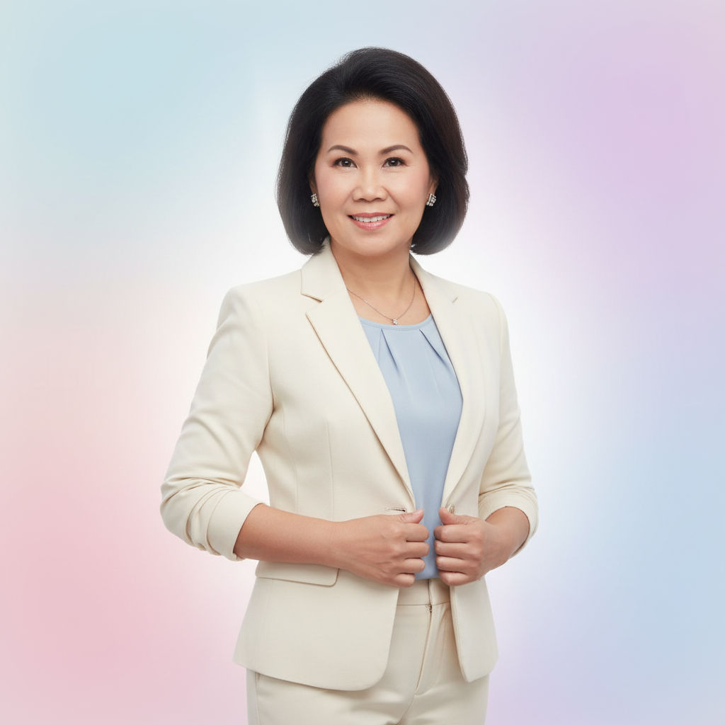 Woman in a cream-colored suit and light blue blouse, smiling at the camera against a pastel gradient background, shows off her fresh ทำสีผม from Kasinee Hair Salon.