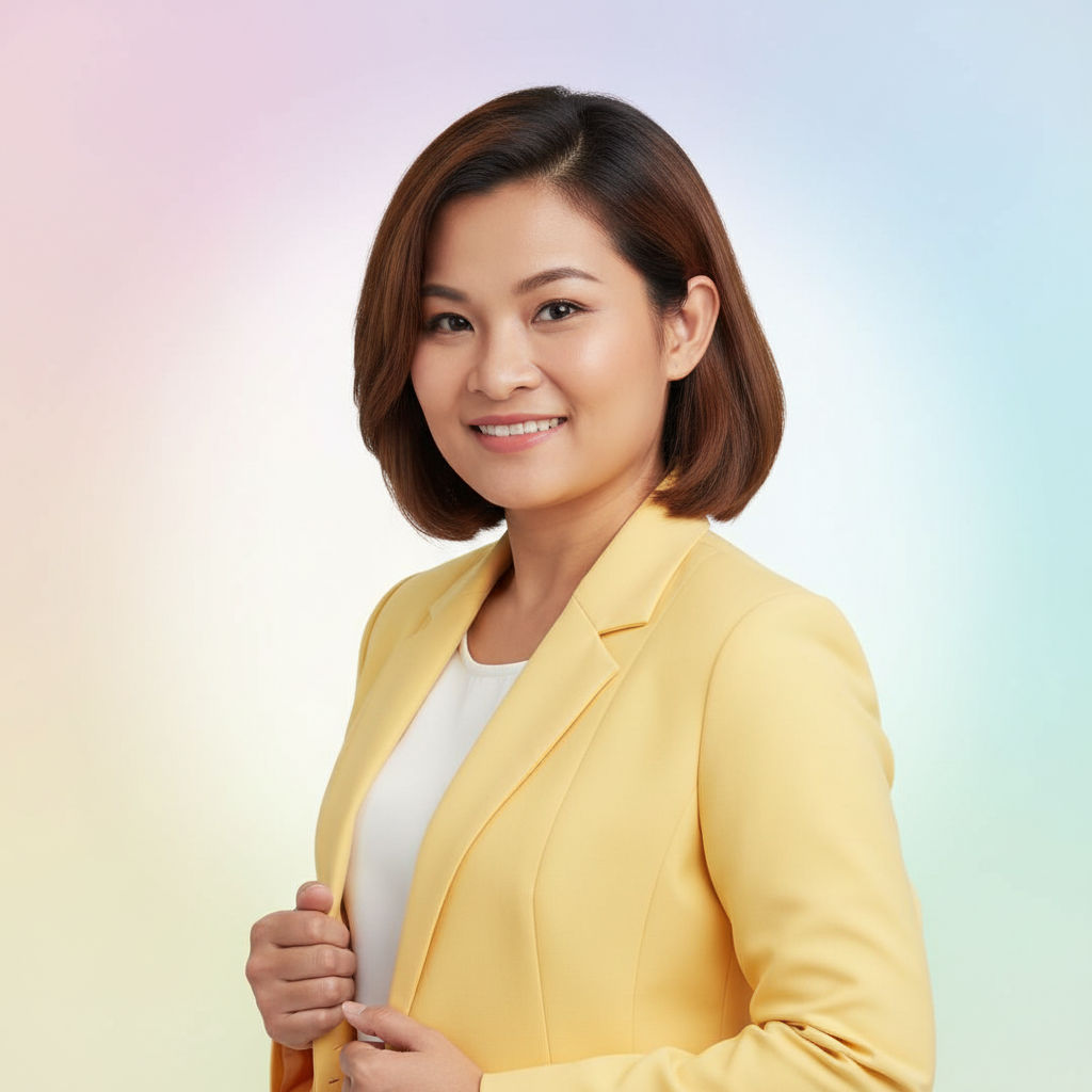 A woman with short brown hair, freshly ตัดผม at Kasinee Hair Salon, wears a yellow blazer and white top as she smiles at the camera against a pastel gradient background.